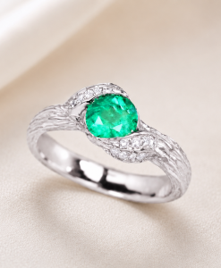 Rose Gold Leaves Emerald Engagement Ring, Natural Emerald Nature Inspired Ring - Image 2