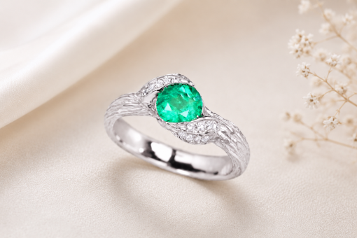 Rose Gold Leaves Emerald Engagement Ring, Natural Emerald Nature Inspired Ring