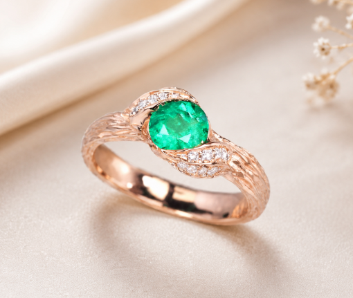 Rose Gold Emerald Engagement Ring – Diamond Leaf Vine, 14k Gold.png