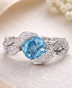 Swiss blue topaz engagement ring with leaves theme in solid 14k white gold by Benati