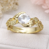 White Sapphire Leaves Engagement Ring, Yellow Gold Engagement Leaf Ring