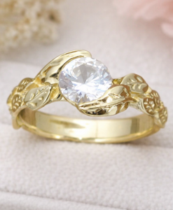 White Sapphire Leaves Engagement Ring, Yellow Gold Engagement Leaf Ring - Image 7