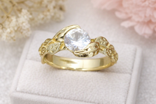 White Sapphire Leaves Engagement Ring, Yellow Gold Engagement Leaf Ring