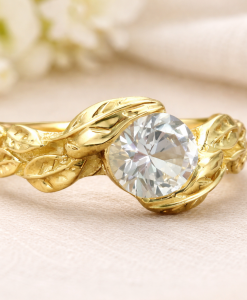 White Sapphire Leaves Engagement Ring, Yellow Gold Engagement Leaf Ring