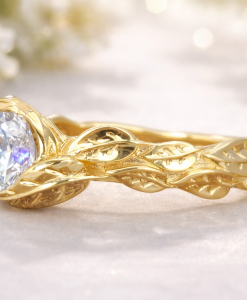 White Sapphire Leaves Engagement Ring, Yellow Gold Engagement Leaf Ring - Image 3