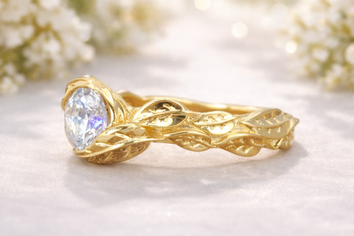 White Sapphire Leaves Engagement Ring, Yellow Gold Engagement Leaf Ring