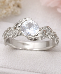 White Sapphire Leaves Engagement Ring, Yellow Gold Engagement Leaf Ring - Image 4