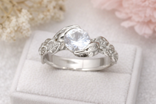 White Sapphire Leaves Engagement Ring, Yellow Gold Engagement Leaf Ring