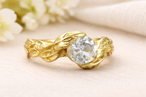 White Sapphire Leaves Engagement Ring, Yellow Gold Engagement Leaf Ring
