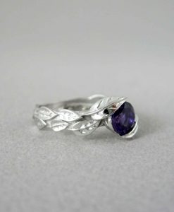 Amethyst Engagement Leaf Ring, Leaf Engagement Ring With Amethyst - Image 3