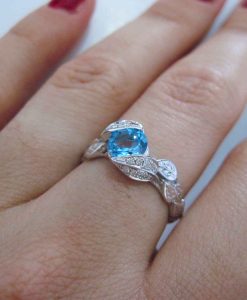 Blue Topaz Leaf Engagement Ring, Antique Diamond Leaves Engagement Ring - Image 4