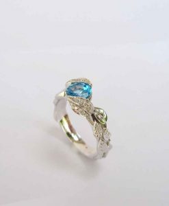 Blue Topaz Leaf Engagement Ring, Antique Diamond Leaves Engagement Ring - Image 3
