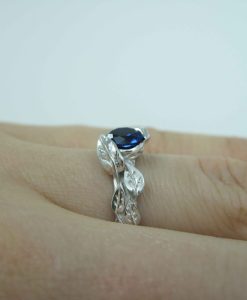 Blue Sapphire Leaf Ring, Nature White Gold Leaf Engagement Ring - Image 7