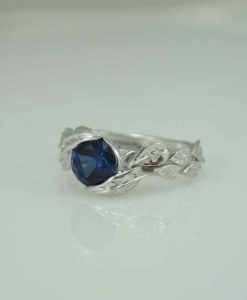 Blue Sapphire Leaf Ring, Nature White Gold Leaf Engagement Ring - Image 6