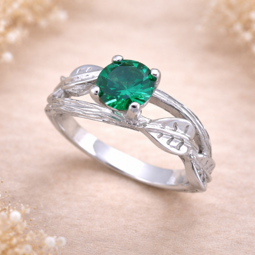 Nature Inspired Emerald Engagement Ring, Leaves Emerald Ring Nature Inspired Emerald Engagement Ring, Leaves Emerald Ring