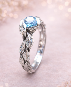 Leaf Ring With Blue Topaz Gemstone In Silver, Blue topaz Leaves Ring - Image 4