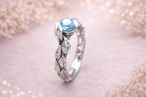 Leaf Ring With Blue Topaz Gemstone In Silver, Blue topaz Leaves Ring