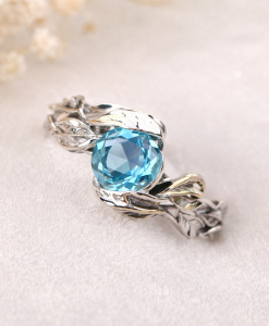 Leaf Ring With Blue Topaz Gemstone In Silver, Blue topaz Leaves Ring - Image 5