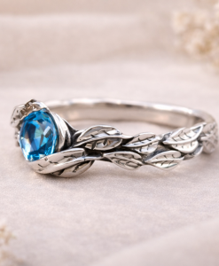 Leaf Ring With Blue Topaz Gemstone In Silver, Blue topaz Leaves Ring - Image 6