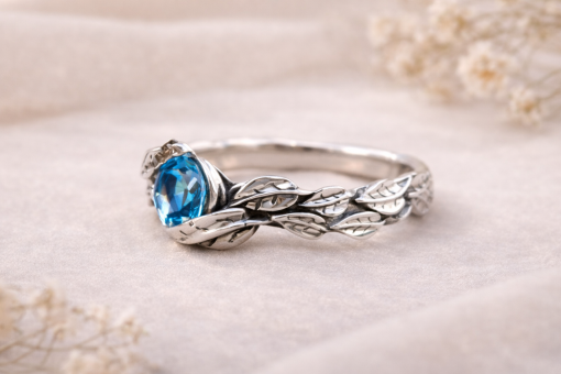 Leaf Ring With Blue Topaz Gemstone In Silver, Blue topaz Leaves Ring