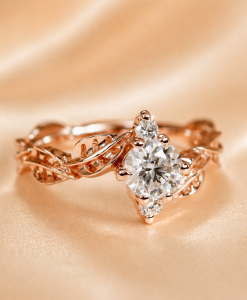 Round Lab Diamond Engagement Ring in 14K Gold | Leaf Nature Ring | 3 Stone Diamond Ring - Image 9