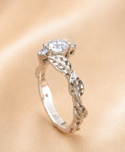 Round Lab Diamond Engagement Ring in 14K Gold | Leaf Nature Ring | 3 Stone Diamond Ring - Image 11