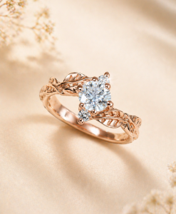 Round Lab Diamond Engagement Ring in 14K Gold | Leaf Nature Ring | 3 Stone Diamond Ring - Image 8