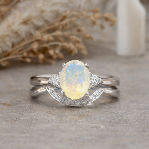 Bridle Set Natural Opal Engagement Ring, Vintage Genuine Opal Ring Set Oval opal wedding ring set vintage style