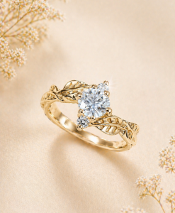 Round Lab Diamond Engagement Ring in 14K Gold | Leaf Nature Ring | 3 Stone Diamond Ring - Image 10