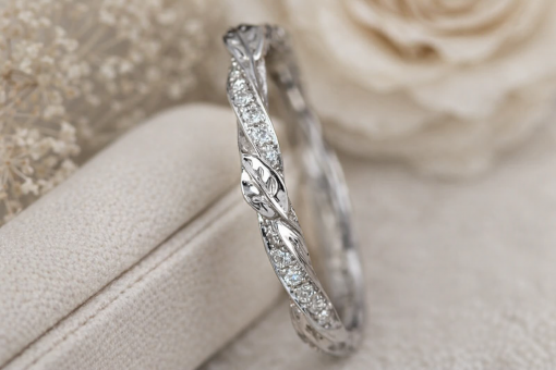 Leaf twig diamond wedding band, Mobius Wedding ring