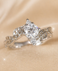 Round Lab Diamond Engagement Ring in 14K Gold | Leaf Nature Ring | 3 Stone Diamond Ring - Image 13