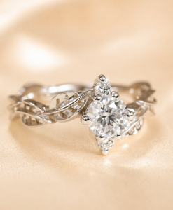 Round Lab Diamond Engagement Ring in 14K Gold | Leaf Nature Ring | 3 Stone Diamond Ring - Image 14
