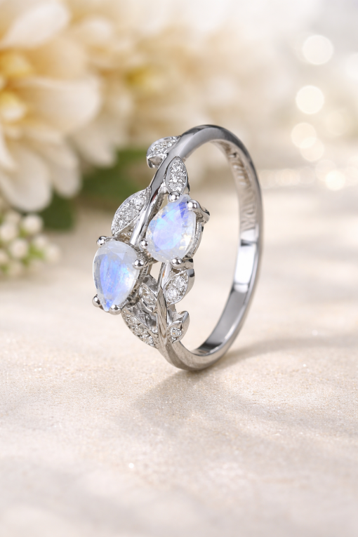 Moonstone Floral Engagement Ring, Leaves Nature Rainbow Moonstone Ring