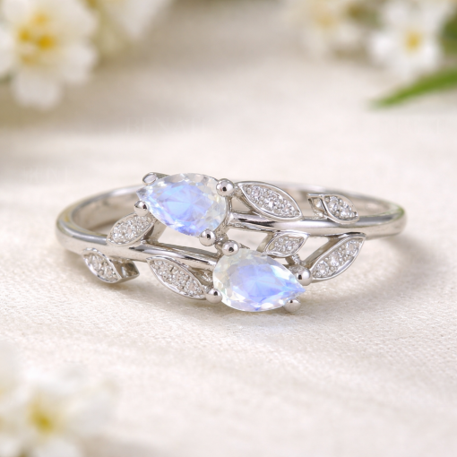 Moonstone Floral Engagement Ring, Leaves Nature Rainbow Moonstone Ring