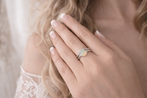 Bridle Set Natural Opal Engagement Ring, Vintage Genuine Opal Ring Set Opal oval gemstones ring set on brides finger