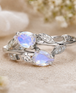 Pear Rainbow Moonstone Ring Rose Gold Leaf Diamond Engagement Ring