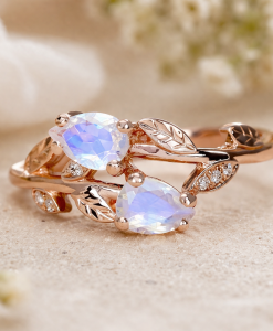 Pear Rainbow Moonstone Ring Rose Gold Leaf Diamond Engagement Ring