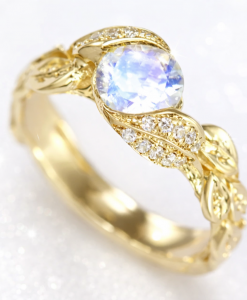 Rainbow Moonstone Engagement Ring 14k Gold Floral Leaf Design with Diamonds Nature Inspired Boho.png