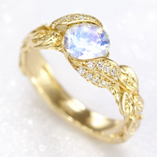 Moonstone Engagement Ring, Rainbow Moonstone Boho Leaves Ring Rainbow Moonstone Engagement Ring 14k Gold Floral Leaf Design with Diamonds Nature Inspired Boho.png