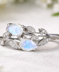 Rainbow moonstone leaf engagement ring, sterling silver nature inspired wedding ring, pear shaped moonstone ring, boho bridal ring, handmade dainty diamond leaf band, unique promise ring Benati