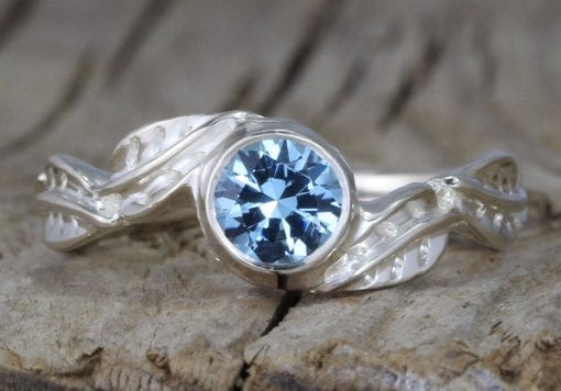 Aquamarine White Gold leaves Ring, Antique Floral Nature Engagement Ring
