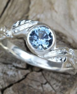 Aquamarine White Gold leaves Ring, Antique Floral Nature Engagement Ring