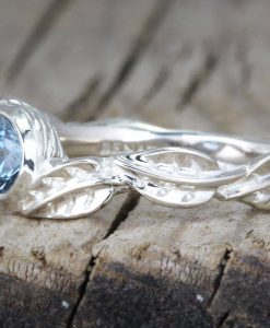 Aquamarine White Gold leaves Ring, Antique Floral Nature Engagement Ring