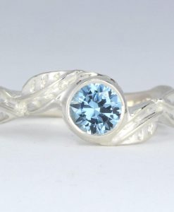 Aquamarine White Gold leaves Ring, Antique Floral Nature Engagement Ring