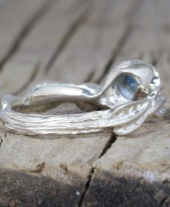 Aquamarine White Gold leaves Ring, Antique Floral Nature Engagement Ring