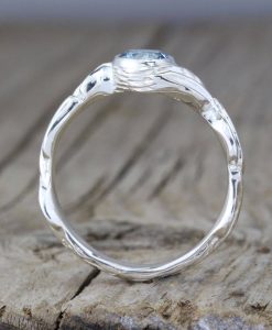 Aquamarine White Gold leaves Ring, Antique Floral Nature Engagement Ring