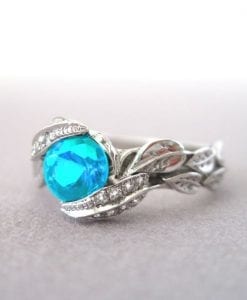 Blue Topaz Diamond Leaves Engagement Ring, Diamond Leaf Engagement Ring