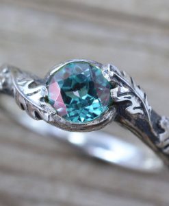 Blue Topaz Leaf Ring, Oak leaves London Blue Topaz Boho Ring