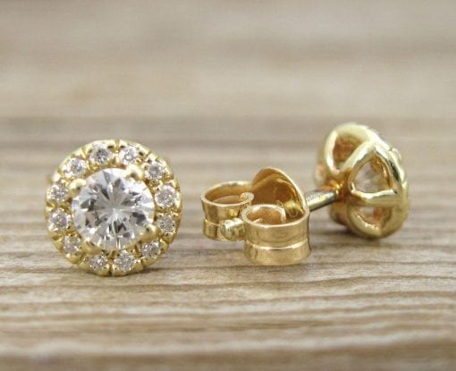 Diamond Halo Earrings, Diamond Yellow Gold Stud Earrings