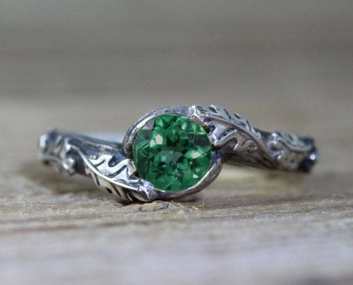Emerald Leaf Engagement Ring, Silver Emerald Leaf Ring